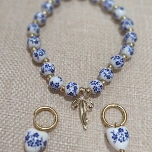 Gold and Blue Floral Porcelain  Beaded Bracelet and Earring Set